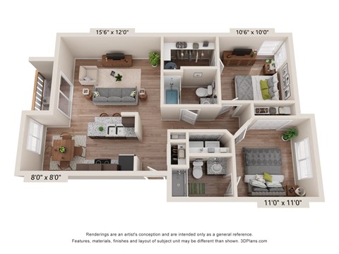 a stylized floor plan with a bedroom and living room